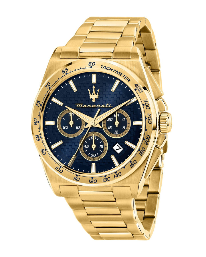 Watch Maserati Velocita 43mm Chrono Blue Dial Gold Stainless Steel Strap Watch Brand