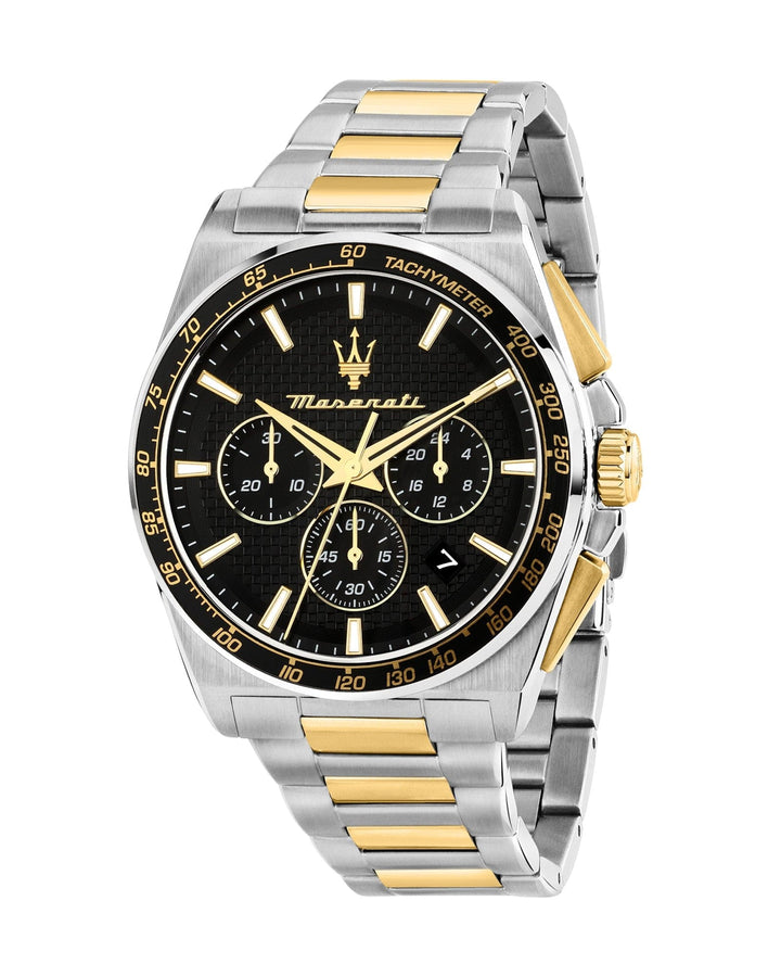 Watch Maserati Velocita 43mm Chrono Black Dial Two Tone Stainless Steel Strap Watch Brand