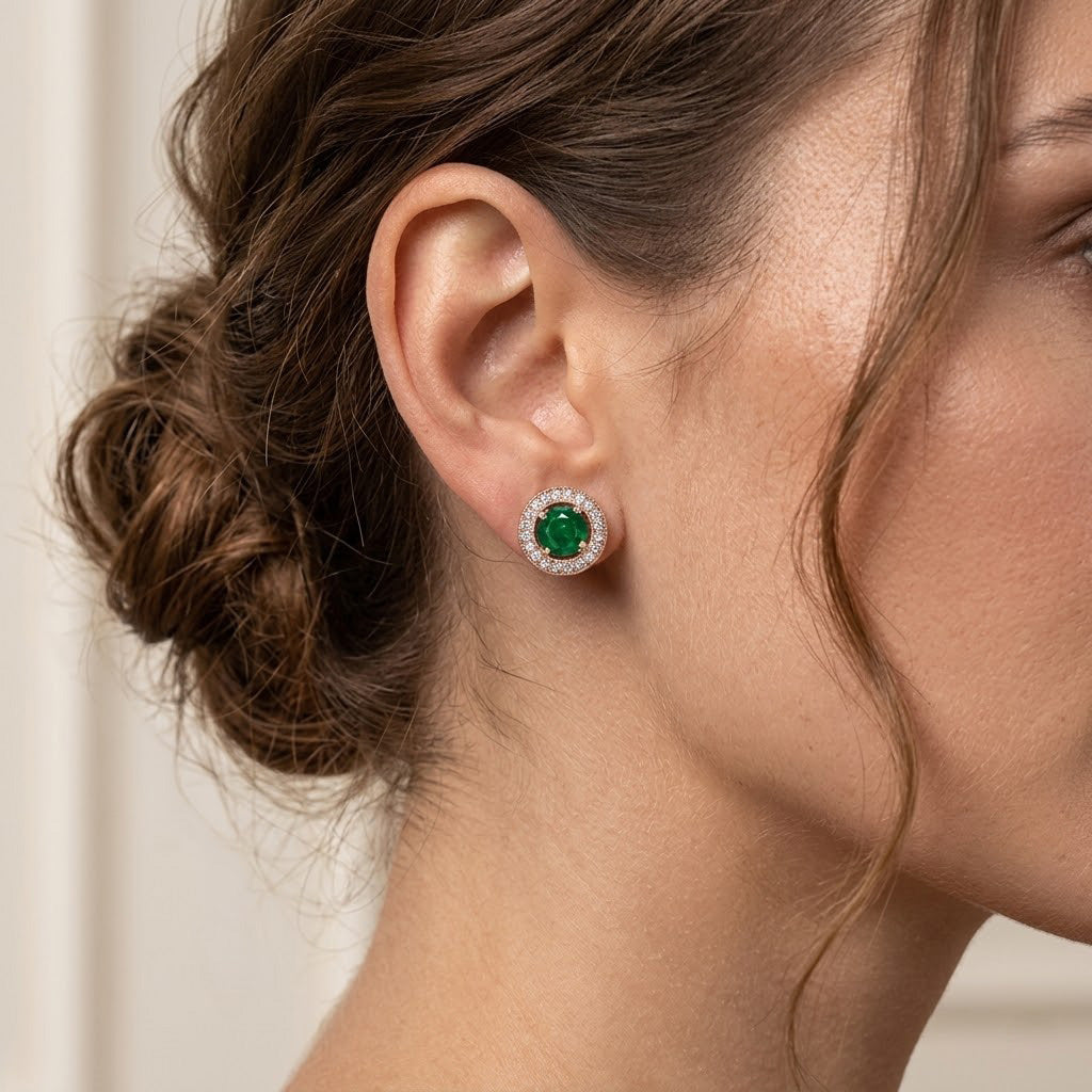 Leibish Green Emerald and Diamond Halo Earrings