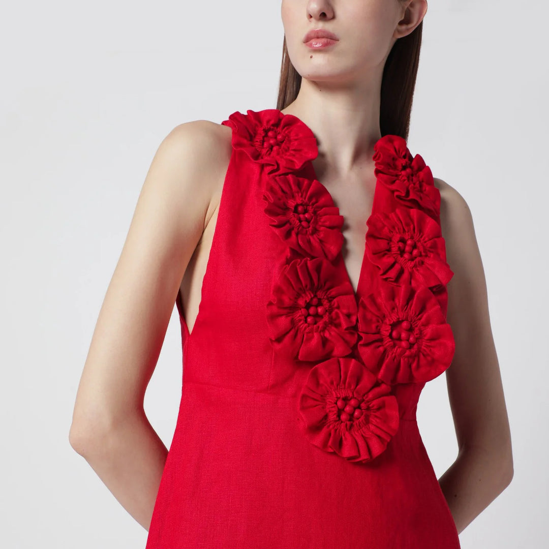 FARM Rio - Red linen dress with floral appliqués