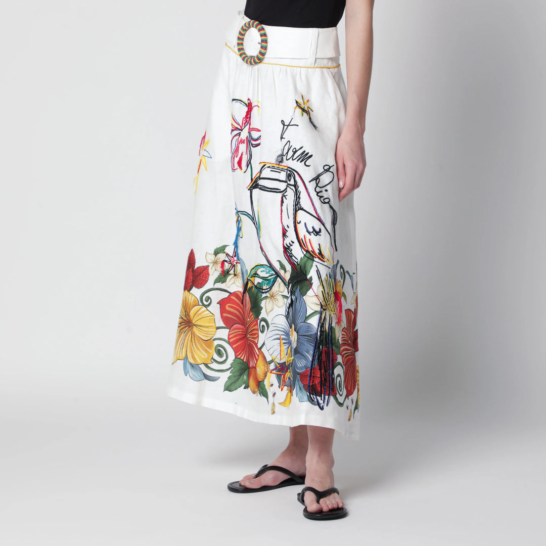FARM Rio - White linen skirt with tropical embroidery