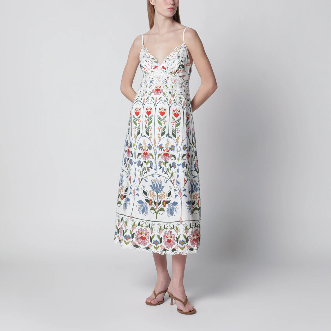 FARM Rio - White midi dress in linen with garden motif