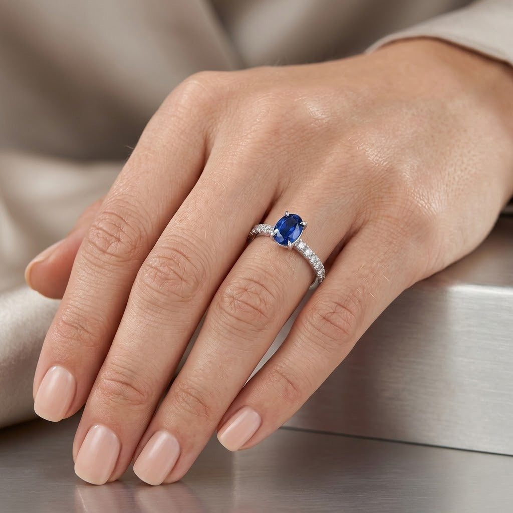 Leibish Oval Sapphire Side-stone Diamond Ring