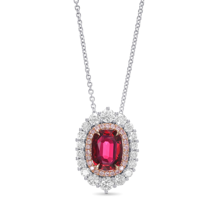 Leibish Oval Pigeon Blood Ruby and Diamond Double Halo Pendant