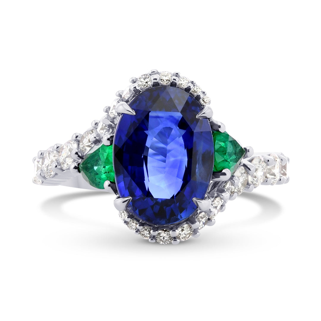 Leibish Royal Blue Oval Sapphire, Pear Emeralds, and Diamond Ring