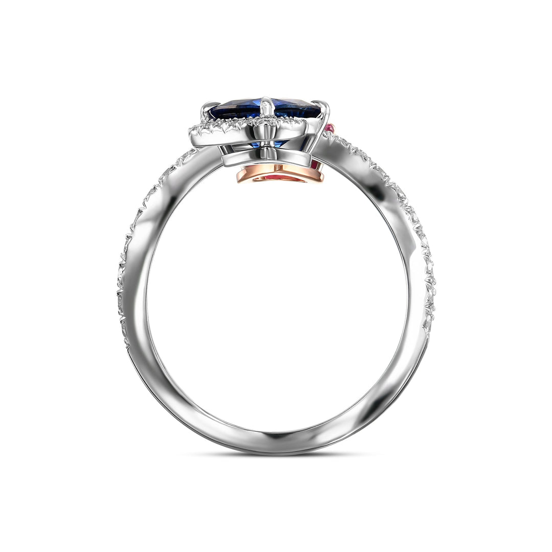 Ruby, Blue Sapphire and Diamond Two-stone Crossover Ring