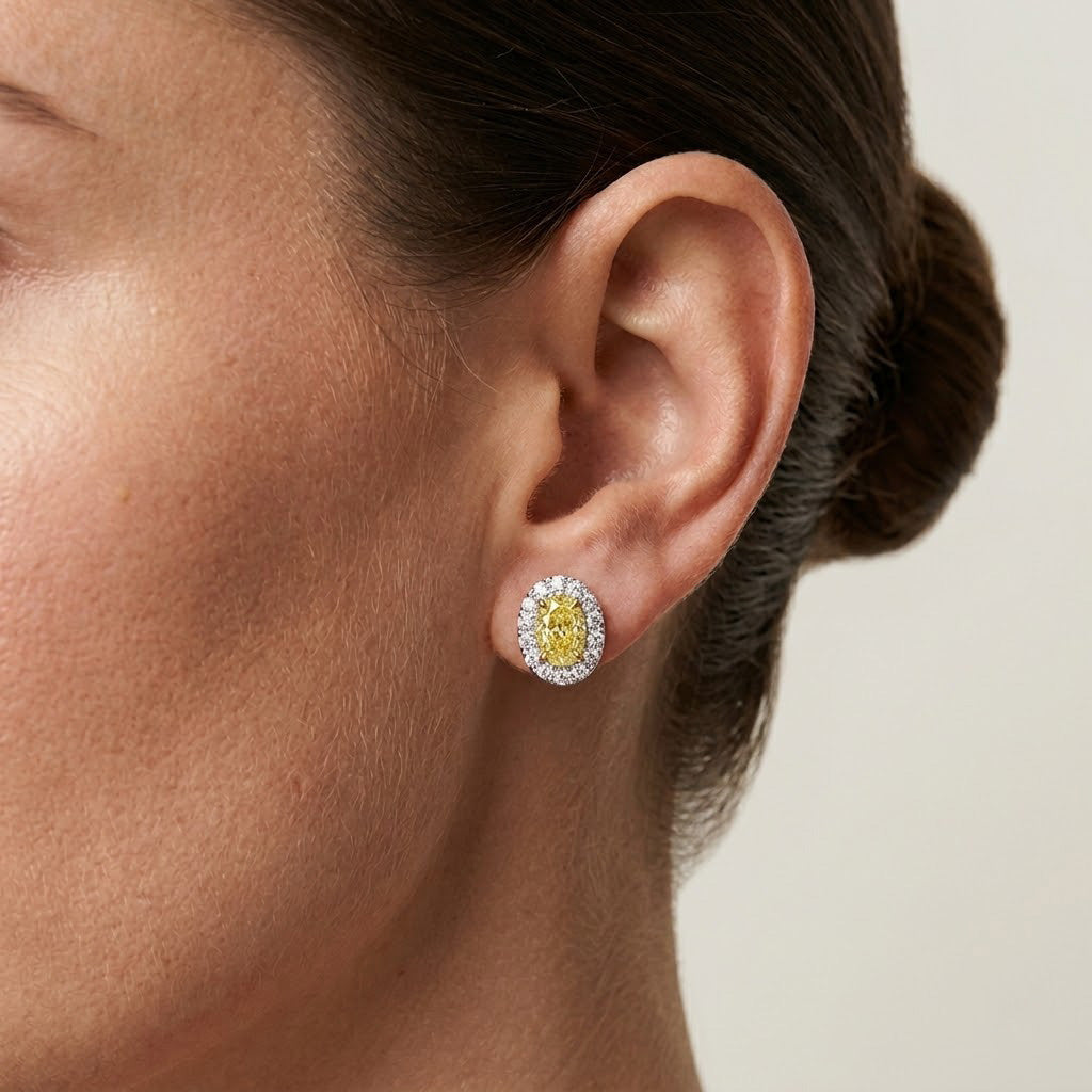 Leibish Fancy Yellow Oval Halo Diamond Earrings