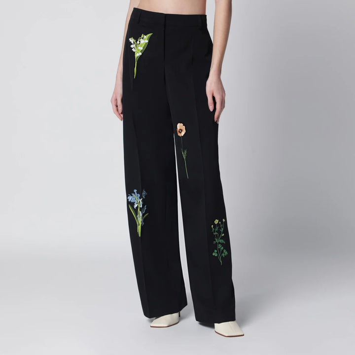 Stella McCartney - Black wool trousers with floral embroidery