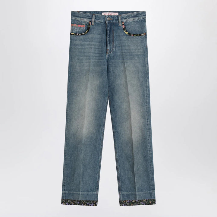 Valentino - Washed blue jeans with floral fabric trims