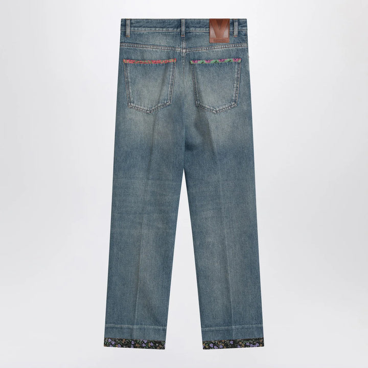 Valentino - Washed blue jeans with floral fabric trims