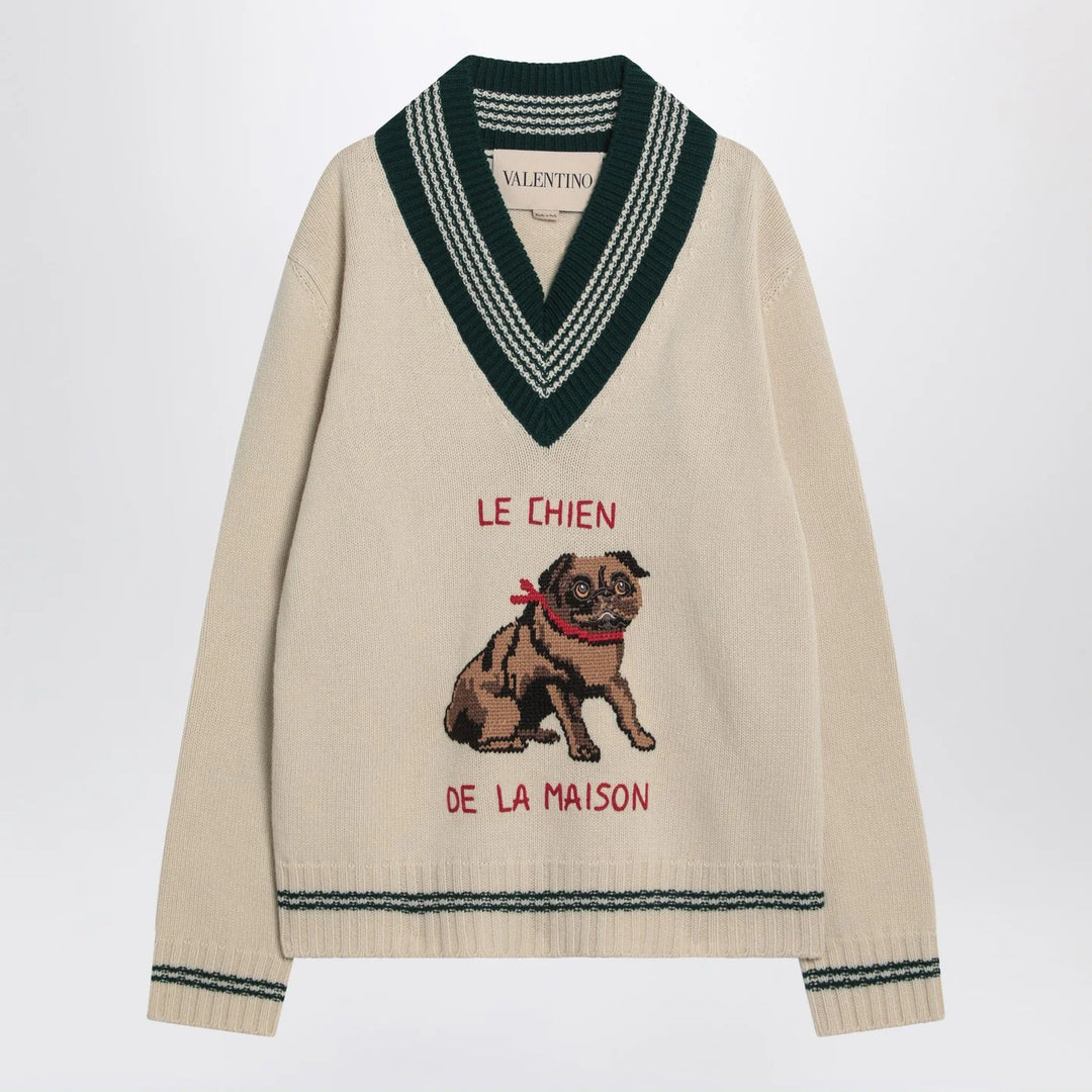 Valentino - Butter-coloured sweater with Le Chien de la Maison embroidery