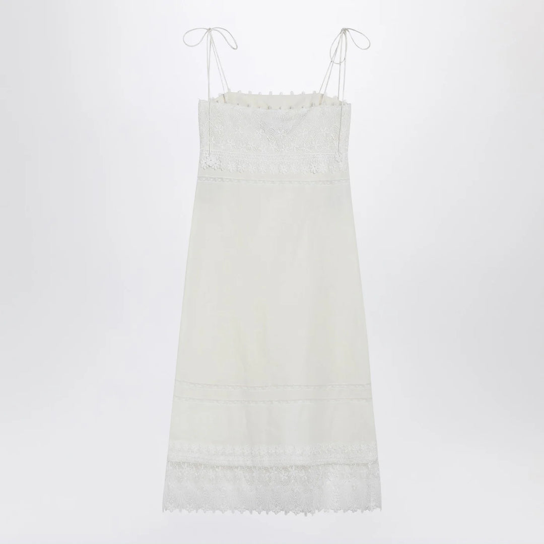 Valentino - Ivory linen midi dress with Sangallo embroidery