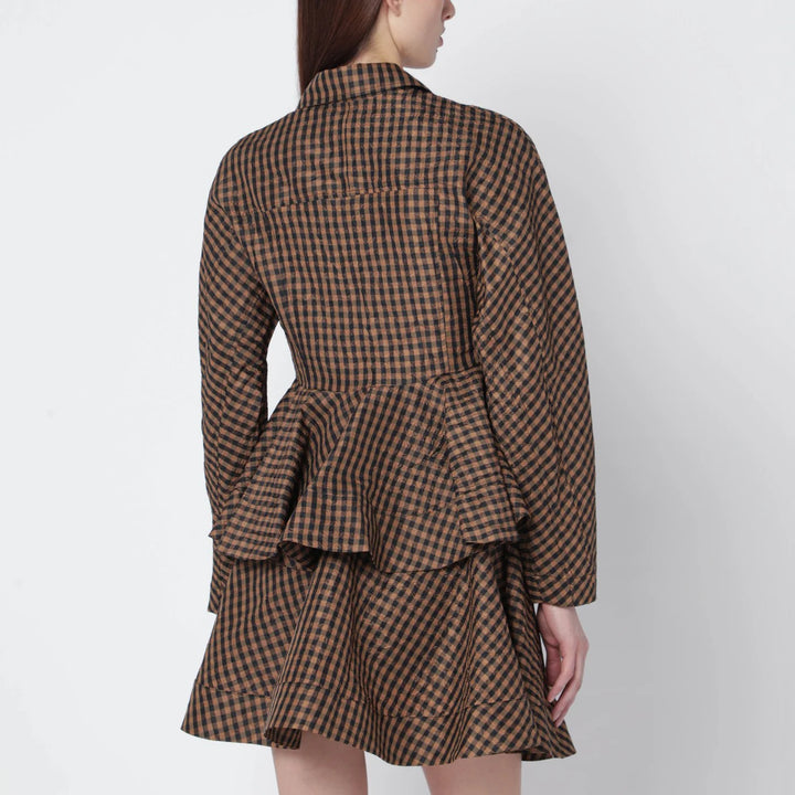 GANNI - Brown/black gingham peplum shirt