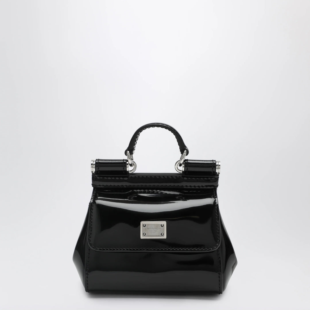 Dolce&amp;Gabbana - Mini patent calf leather bag with logo plaque, black