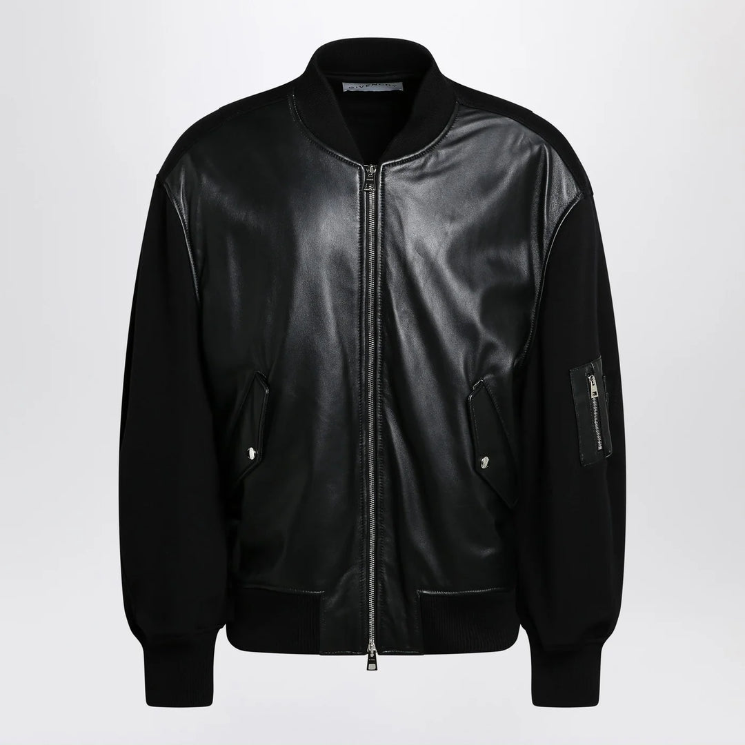 Givenchy - Black leather bomber jacket with wool sleeves