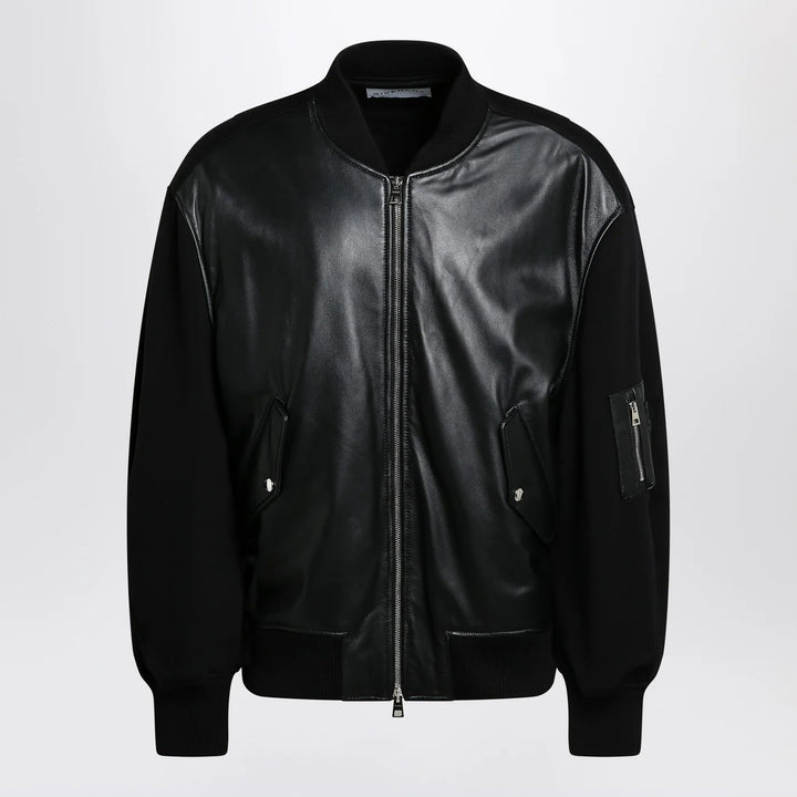Givenchy - Black leather bomber jacket with wool sleeves