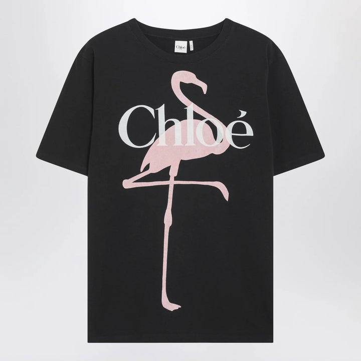 Chloé - Black oversized T-shirt with logo and flamingo print