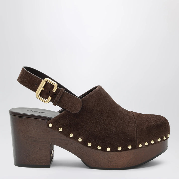 Chloé - Jeannette wedge clogs in suede calfskin, chocolate brown