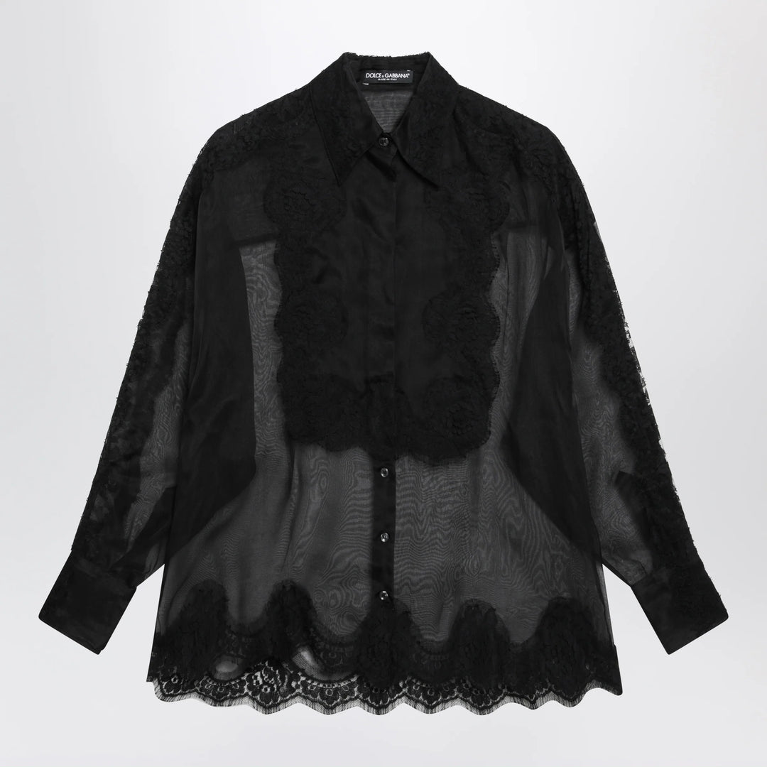 Dolce&amp;Gabbana - Organza tuxedo shirt with lace inserts in black