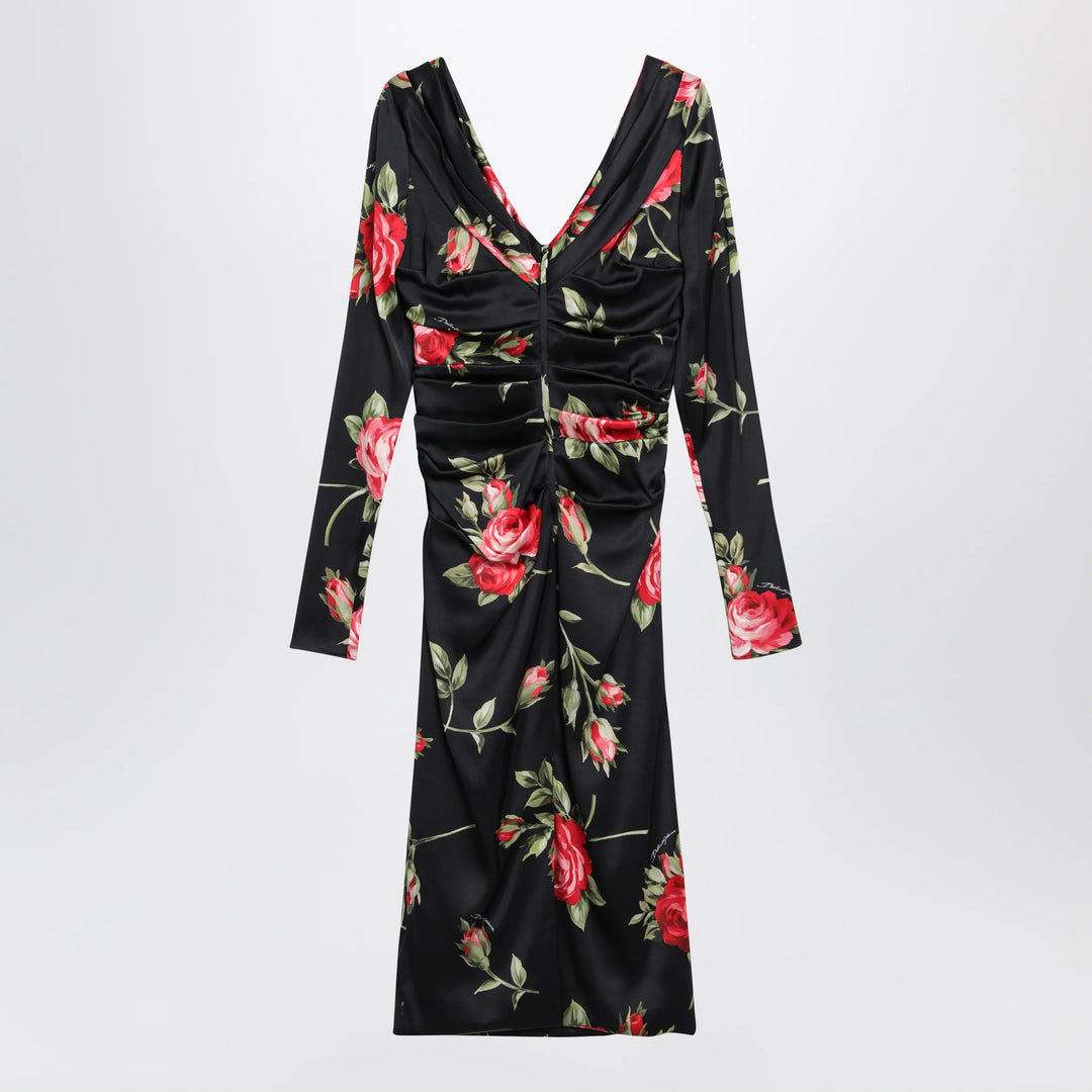 Dolce&amp;Gabbana - Draped satin dress with Bouquet rose print in black