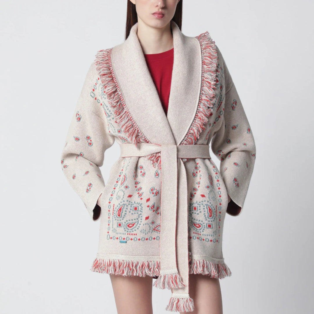 Alanui - Beige/coral bandana jacquard cardigan