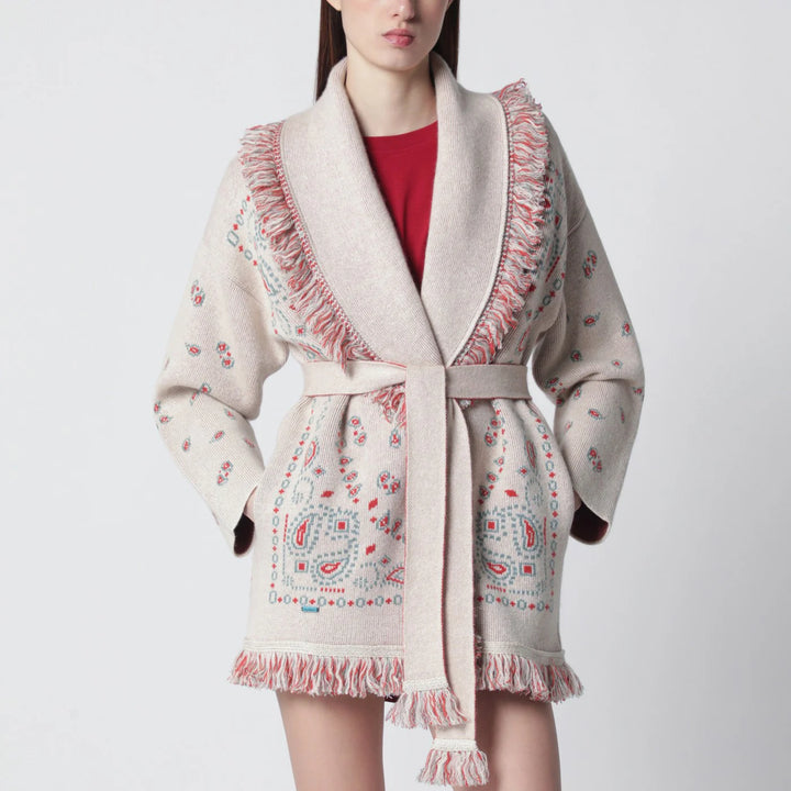 Alanui - Beige/coral bandana jacquard cardigan