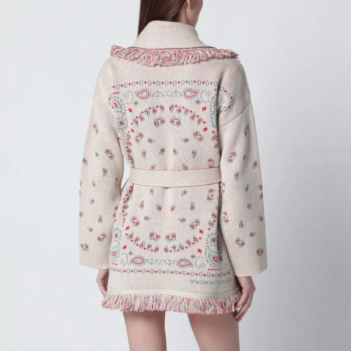 Alanui - Beige/coral bandana jacquard cardigan