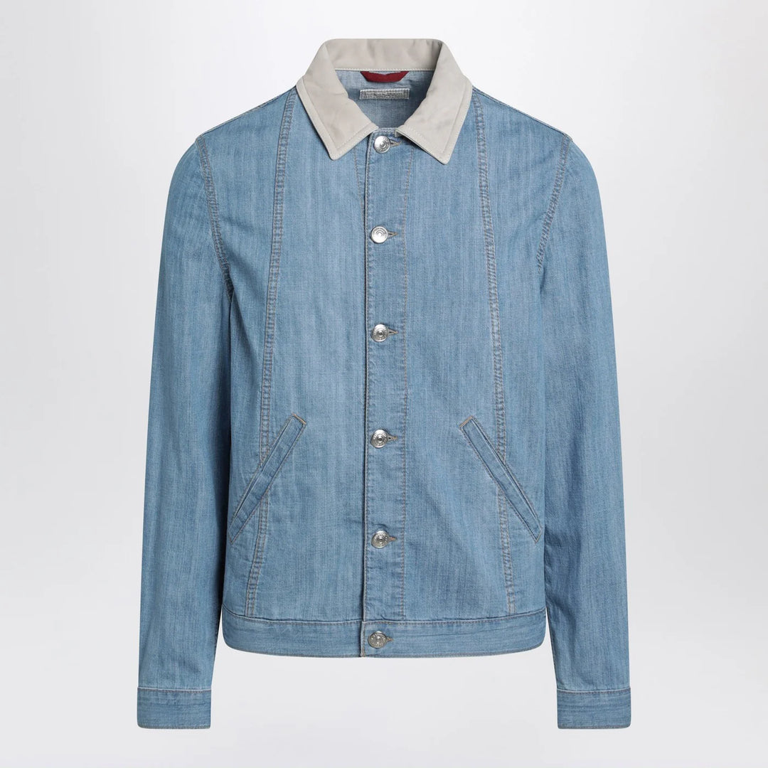 Brunello Cucinelli - Blue denim jacket with suede collar