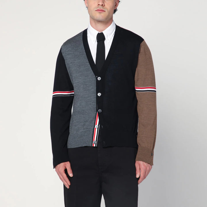 Thom Browne - Navy/grey/brown wool cardigan