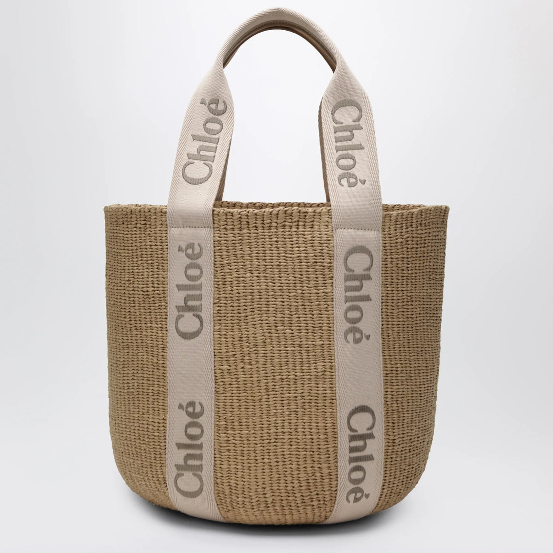 Chloé - Large Woody basket bag in paper and calfskin beige Brand Apparel & Accessories TU