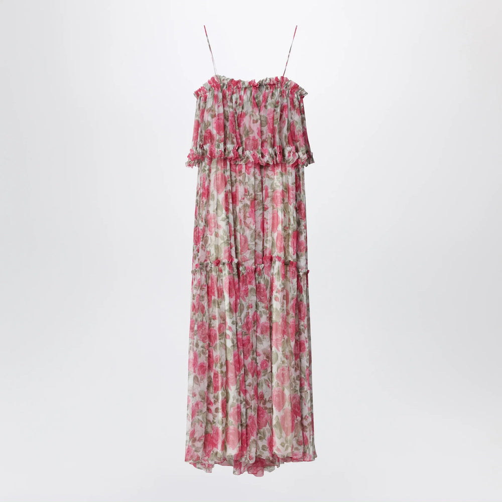 Chloé - Long silk muslin dress with rose print, white/pink Brand Apparel & Accessories 38  FR
