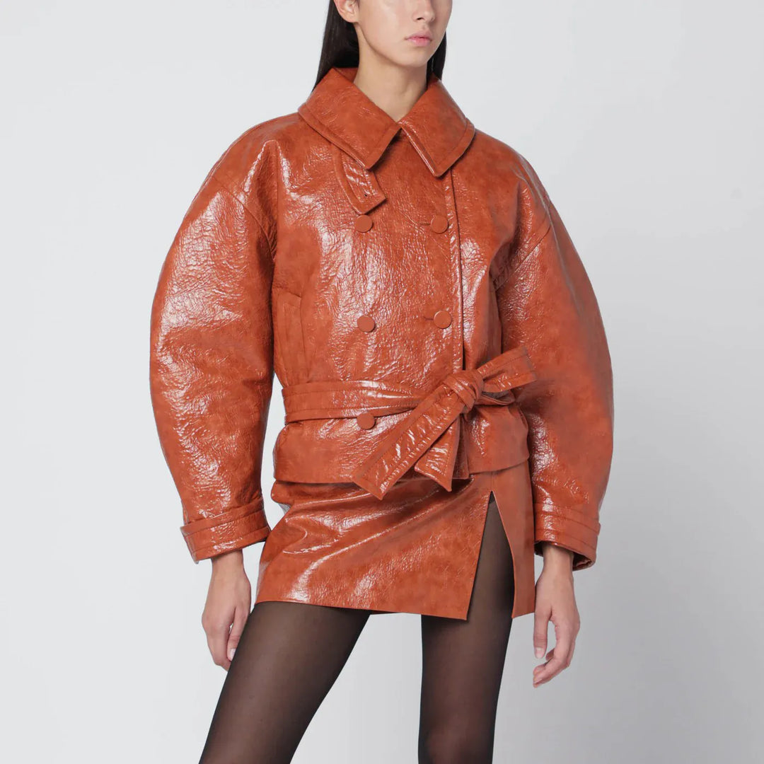 THE ANDAMANE - Tan leather-effect belted jacket Brand Apparel & Accessories > Clothing > Outerwear > Coats & Jackets 40  IT