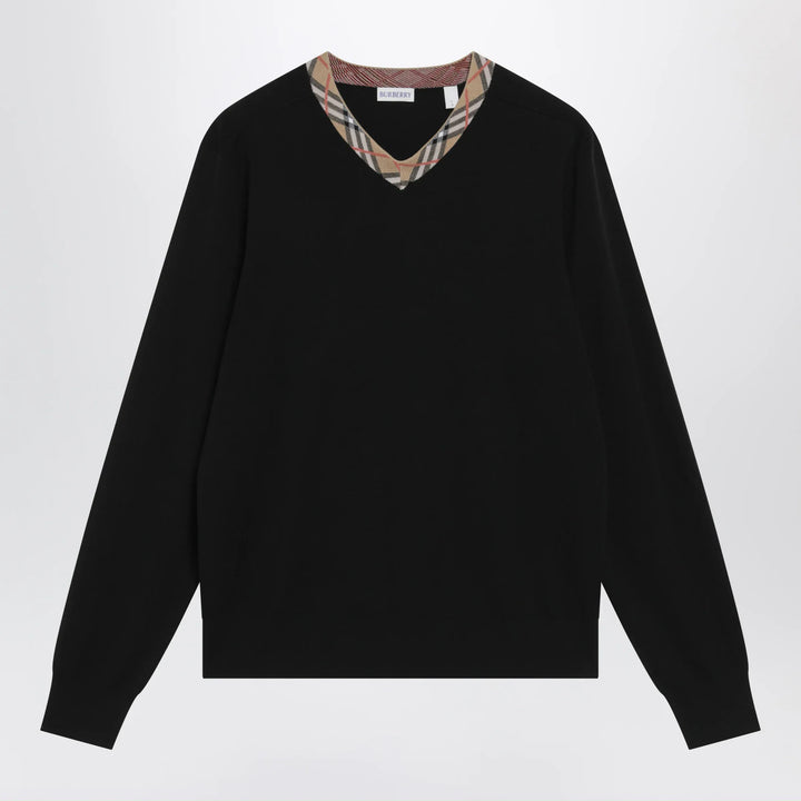 Burberry - Black wool sweater with Check motif neckline Brand Apparel &amp; Accessories > Clothing > Shirts &amp; Tops S