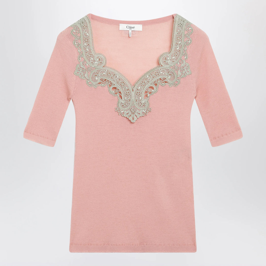Chloé - Fitted elbow-sleeve ribbed wool sweater with lace trim in pink Brand Apparel & Accessories > Clothing > Shirts & Tops XS