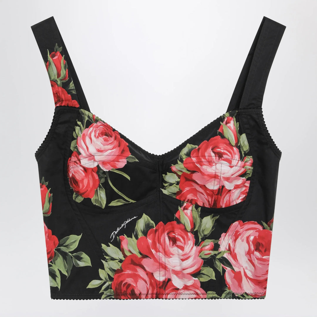 Dolce&amp;Gabbana - Bouquet rose print cotton bustier top in black Brand Apparel &amp; Accessories > Clothing > Shirts &amp; Tops 40  IT