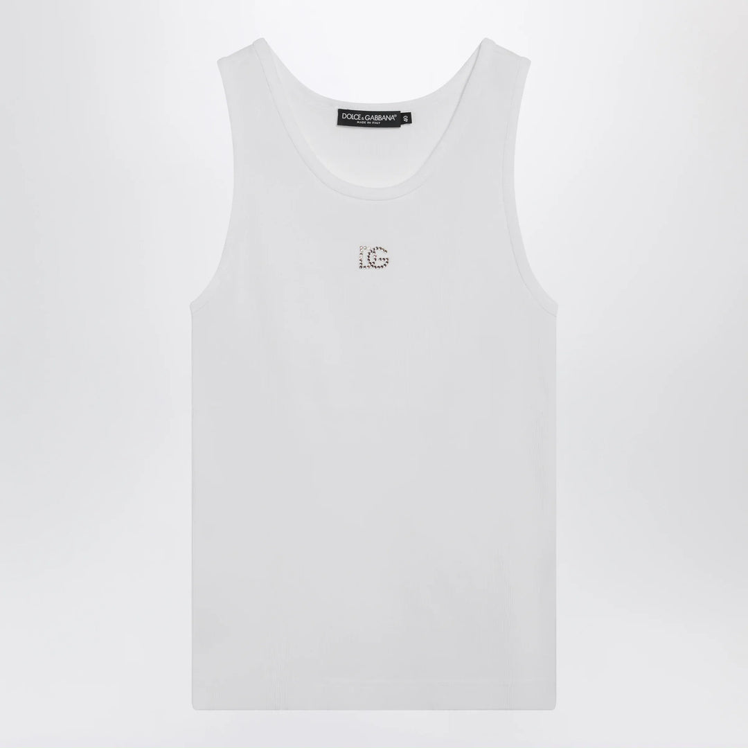 Dolce&amp;Gabbana - Cotton tank top with DG embroidery and rhinestones, white Brand Apparel &amp; Accessories > Clothing > Shirts &amp; Tops 44  IT