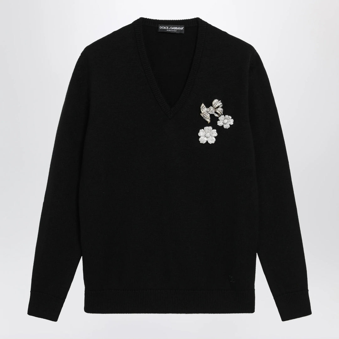 Dolce&amp;Gabbana - V-neck sweater with embroidered floral details in wool, black Brand Apparel &amp; Accessories > Clothing > Shirts &amp; Tops 38  IT