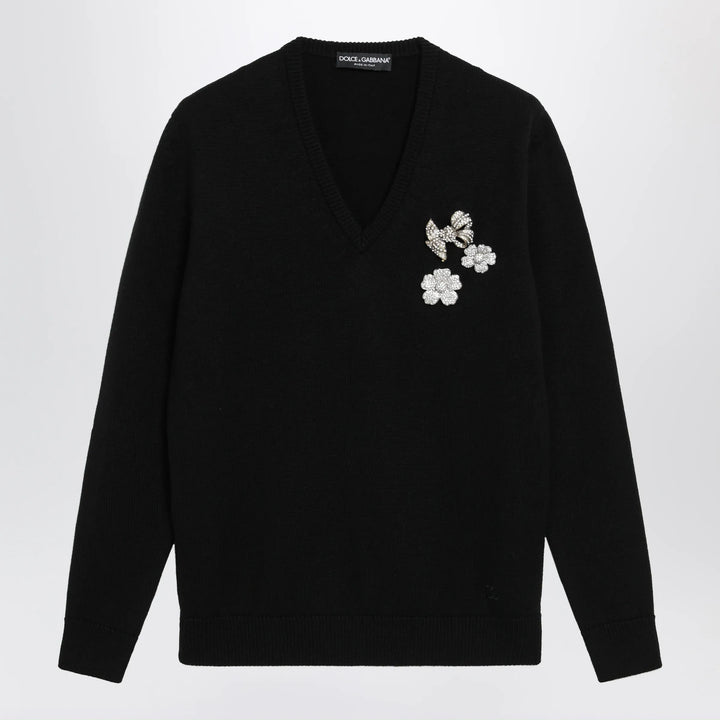Dolce&amp;Gabbana - V-neck sweater with embroidered floral details in wool, black Brand Apparel &amp; Accessories > Clothing > Shirts &amp; Tops 38  IT