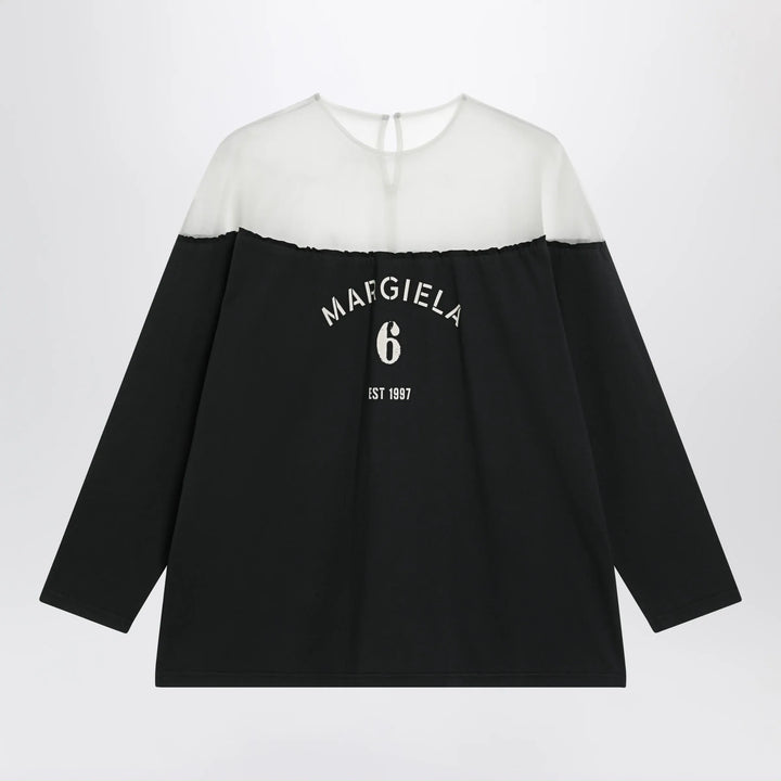MM6 Maison Margiela - Black top with logo print and sheer insert Brand Apparel &amp; Accessories > Clothing > Shirts &amp; Tops XS