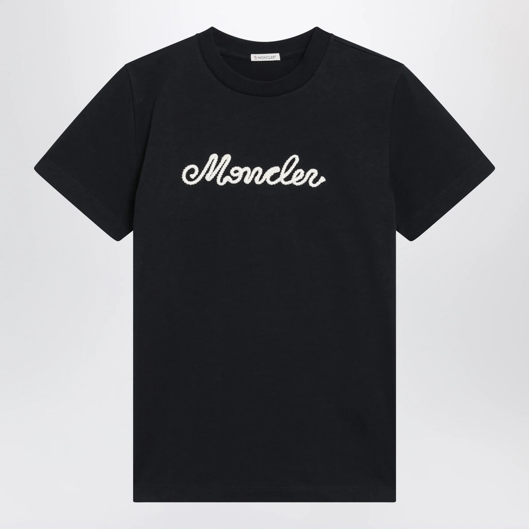 Moncler - Navy blue T-shirt with logo embroidery Brand Apparel &amp; Accessories > Clothing > Shirts &amp; Tops S