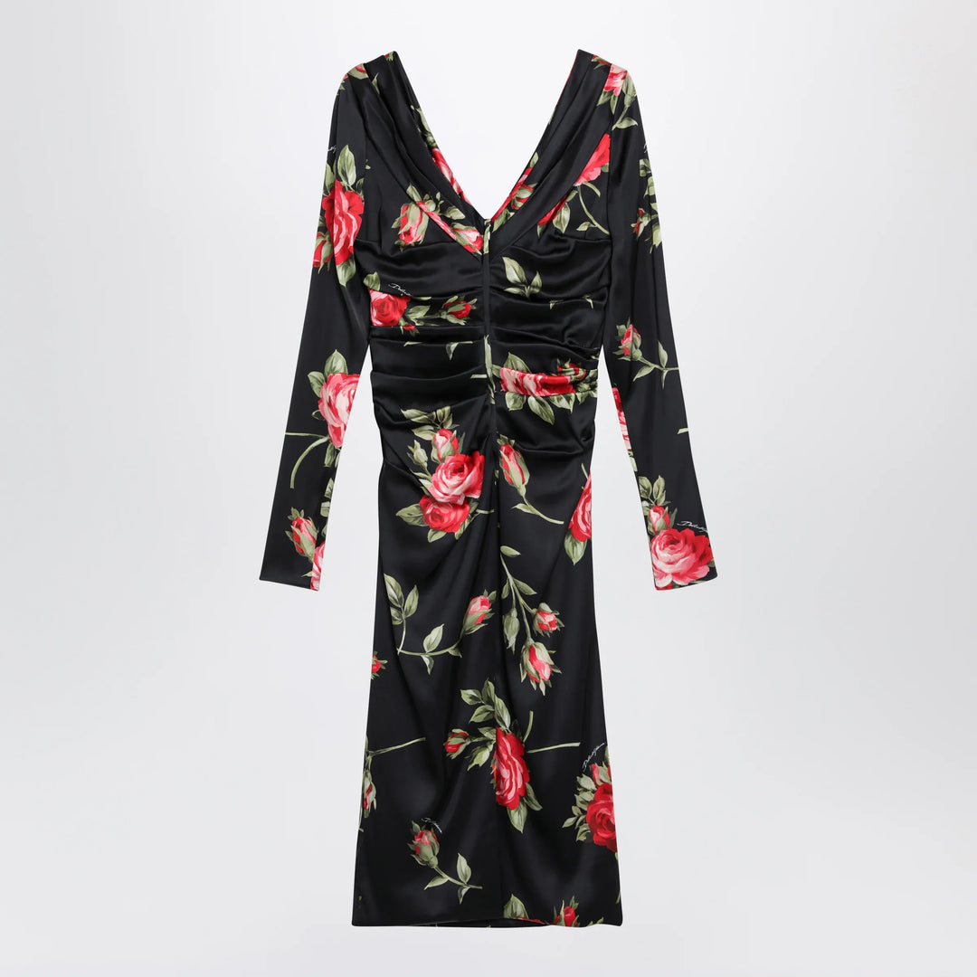 Dolce&amp;Gabbana - Draped satin dress with Bouquet rose print in black Brand Apparel &amp; Accessories