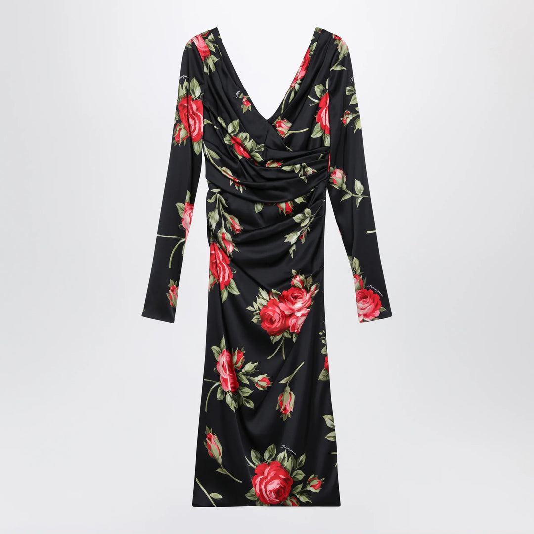 Dolce&amp;Gabbana - Draped satin dress with Bouquet rose print in black Brand Apparel &amp; Accessories 42  IT