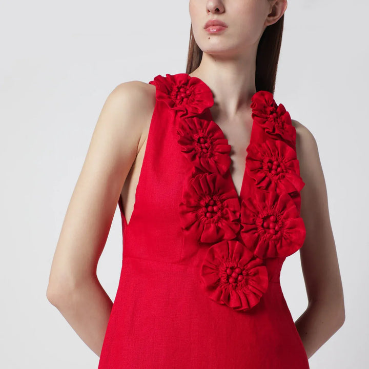 FARM Rio - Red linen dress with floral appliqués Brand Apparel &amp; Accessories