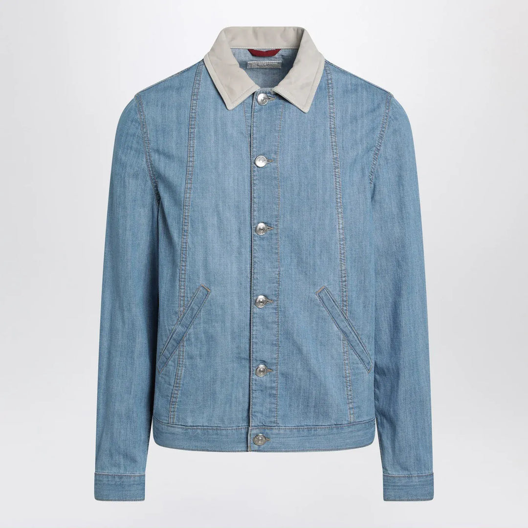 Brunello Cucinelli - Blue denim jacket with suede collar Brand Coats &amp; Jackets 48 IT