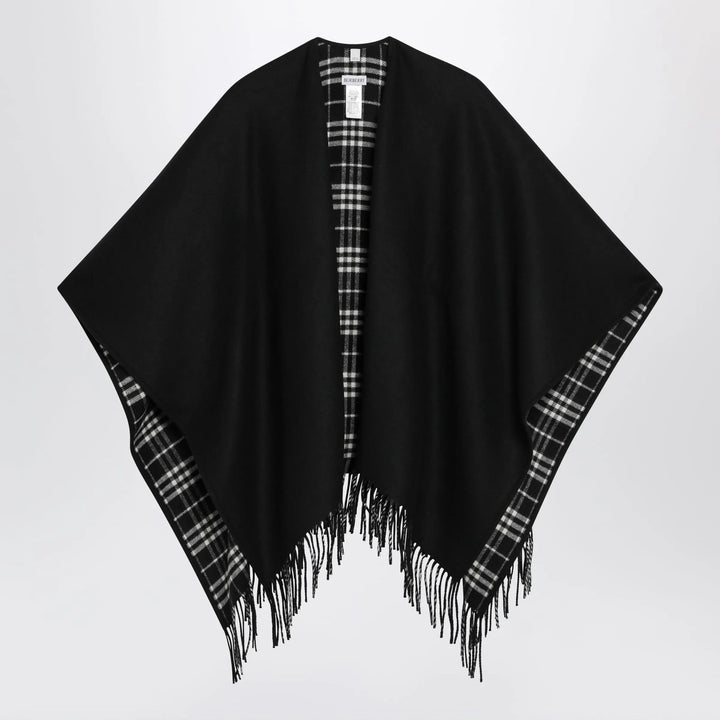 Burberry - Reversible wool check cape with fringes in black Brand Coats &amp; Jackets U