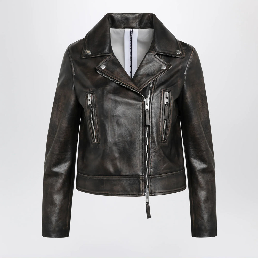 Sword 6644 - Black vintage-effect leather biker jacket Brand Coats & Jackets 40  IT
