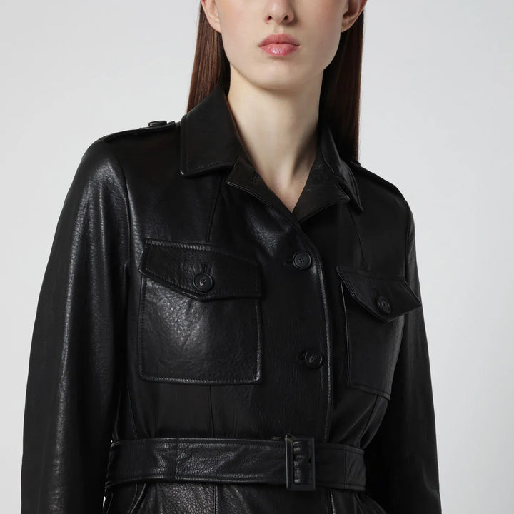 Tagliatore - Black leather belted jacket Brand Coats &amp; Jackets