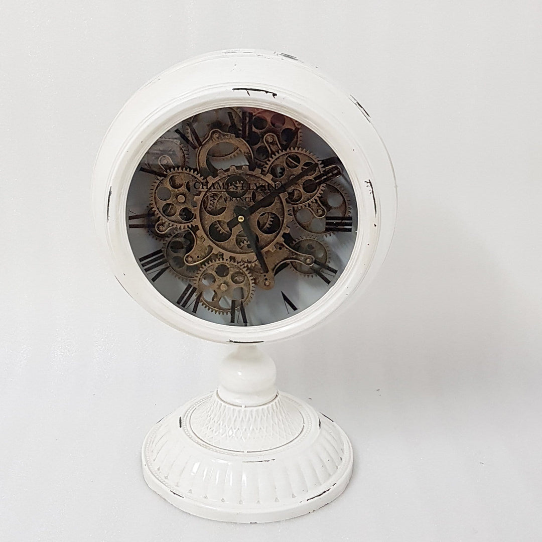 Chilli Desk & Shelf Clocks Industrial moving cogs standing clock on footed stand - white Brand