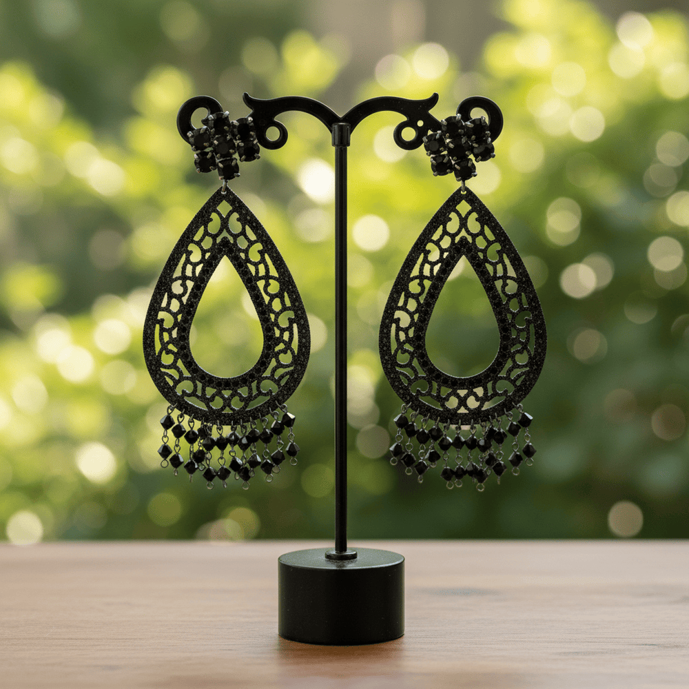 Giora' Oval Earrings Black Glitter and Swarovski Crystal Brand Earrings