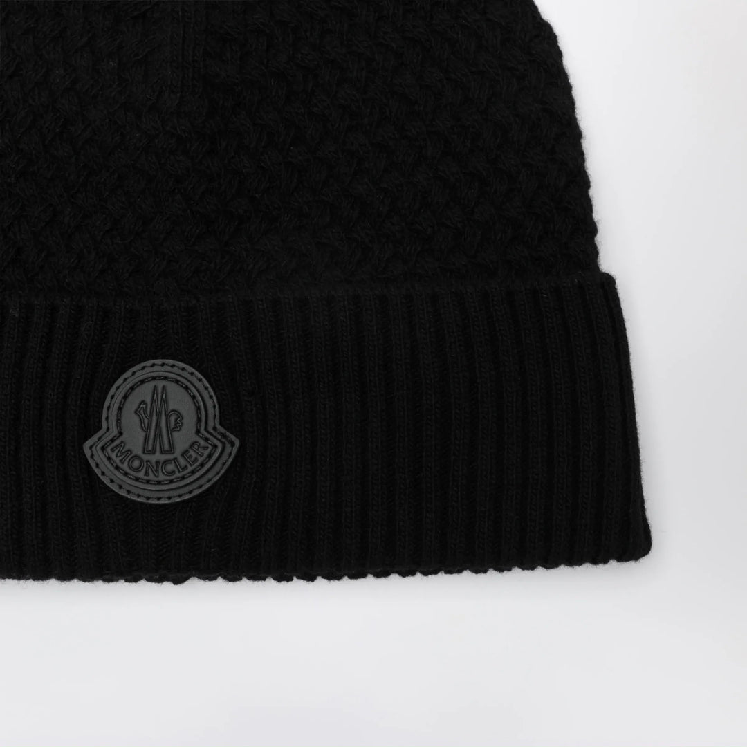 Moncler - Black wool beanie with logo patch Brand Hats U